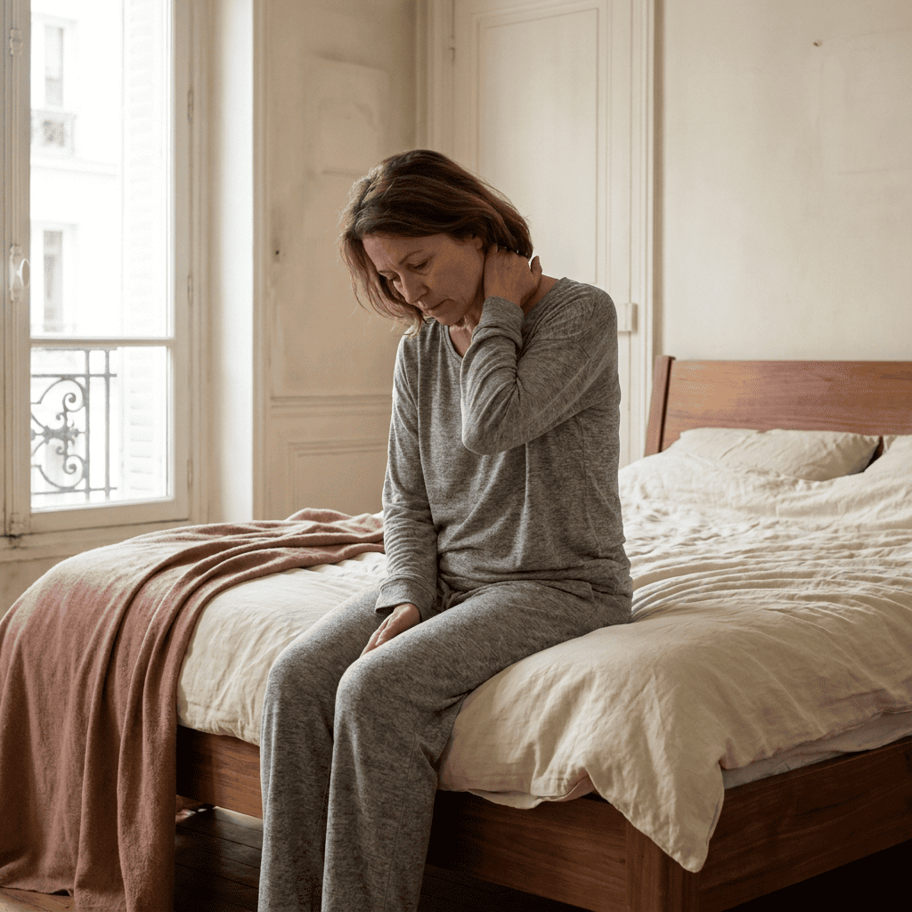 Femme de plus de 50 ans assise sur le bord d'un lit, dos voûté, expression d'inconfort sourd