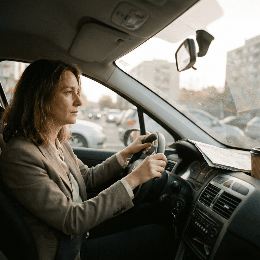 Femme au volant, regard concentré sur la route, lumière douce du matin