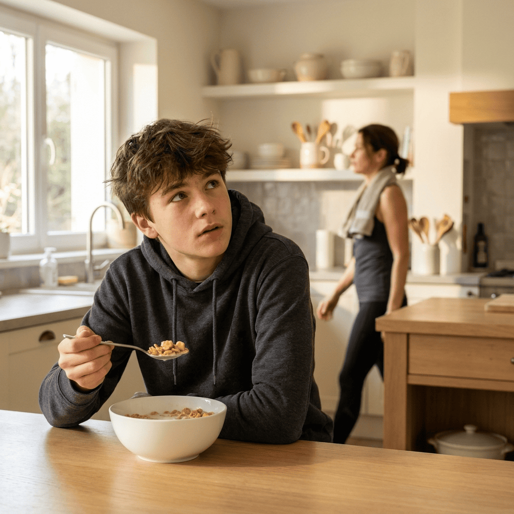 Adolescent de 16 ans assis à la table de la cuisine en train de manger un bol de céréales, le matin
