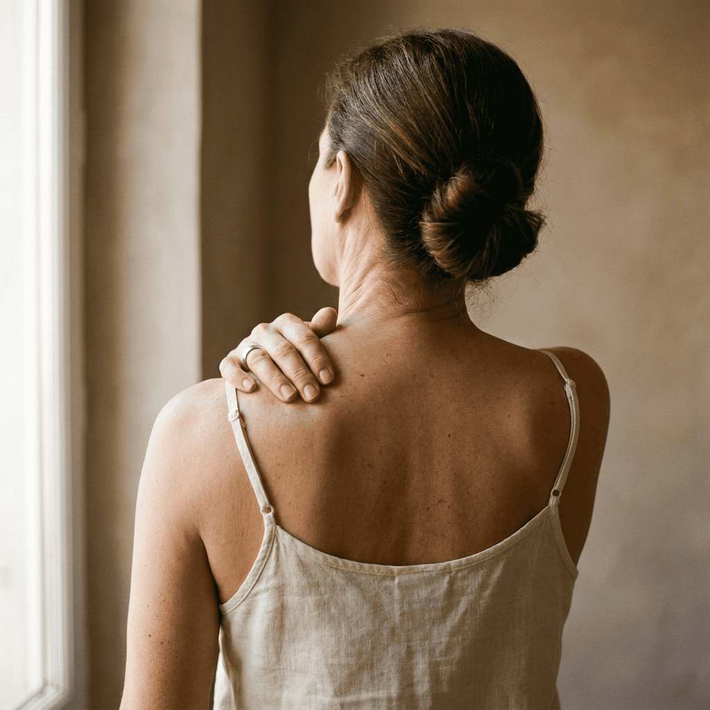 Vue de dos d'une femme de 50 ans avec les trapèzes légèrement contractés, lumière douce de fin de journée