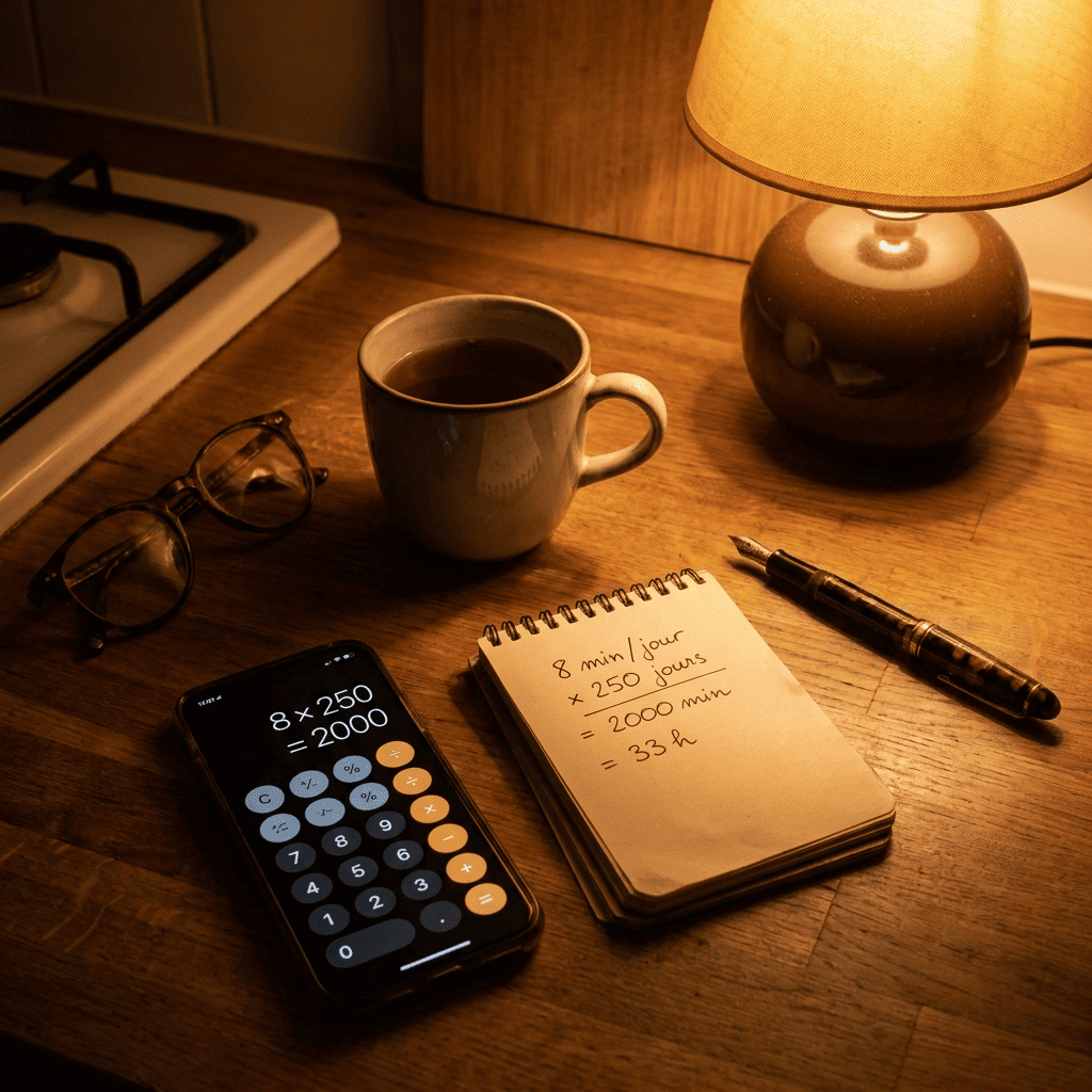 Calculatrice et bloc-notes posés sur une table de cuisine, avec des chiffres griffonnés au stylo