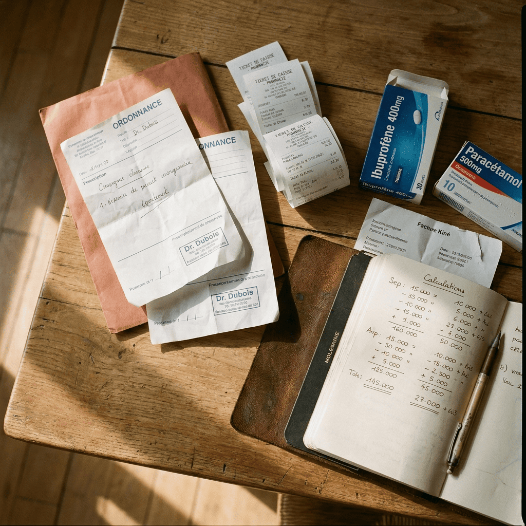 Pile d'ordonnances médicales, factures de kiné et boîtes de médicaments posées sur une table en bois