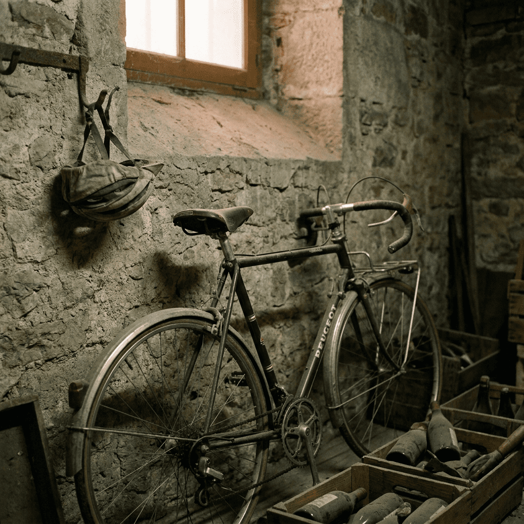 Vélo posé contre un mur dans un garage, recouvert d'une fine couche de poussière, lumière tamisée