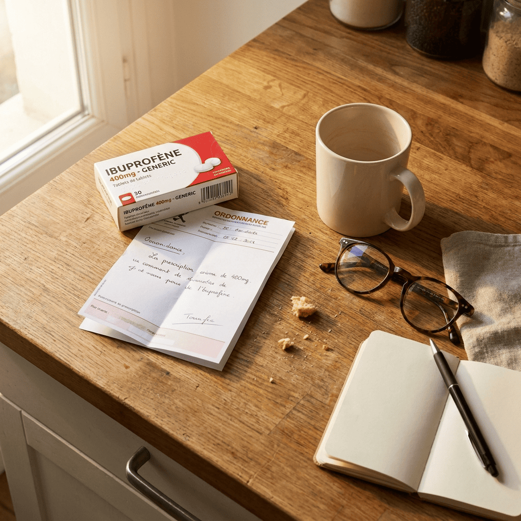 Boîte d'anti-inflammatoires, ordonnance médicale et tasse de café posées sur un comptoir