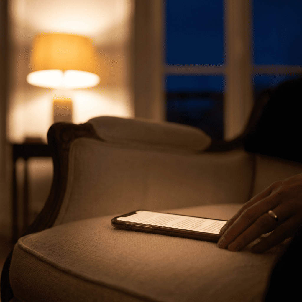 Téléphone affichant un article de santé sur un écran, posé sur le bras d'un fauteuil, le soir