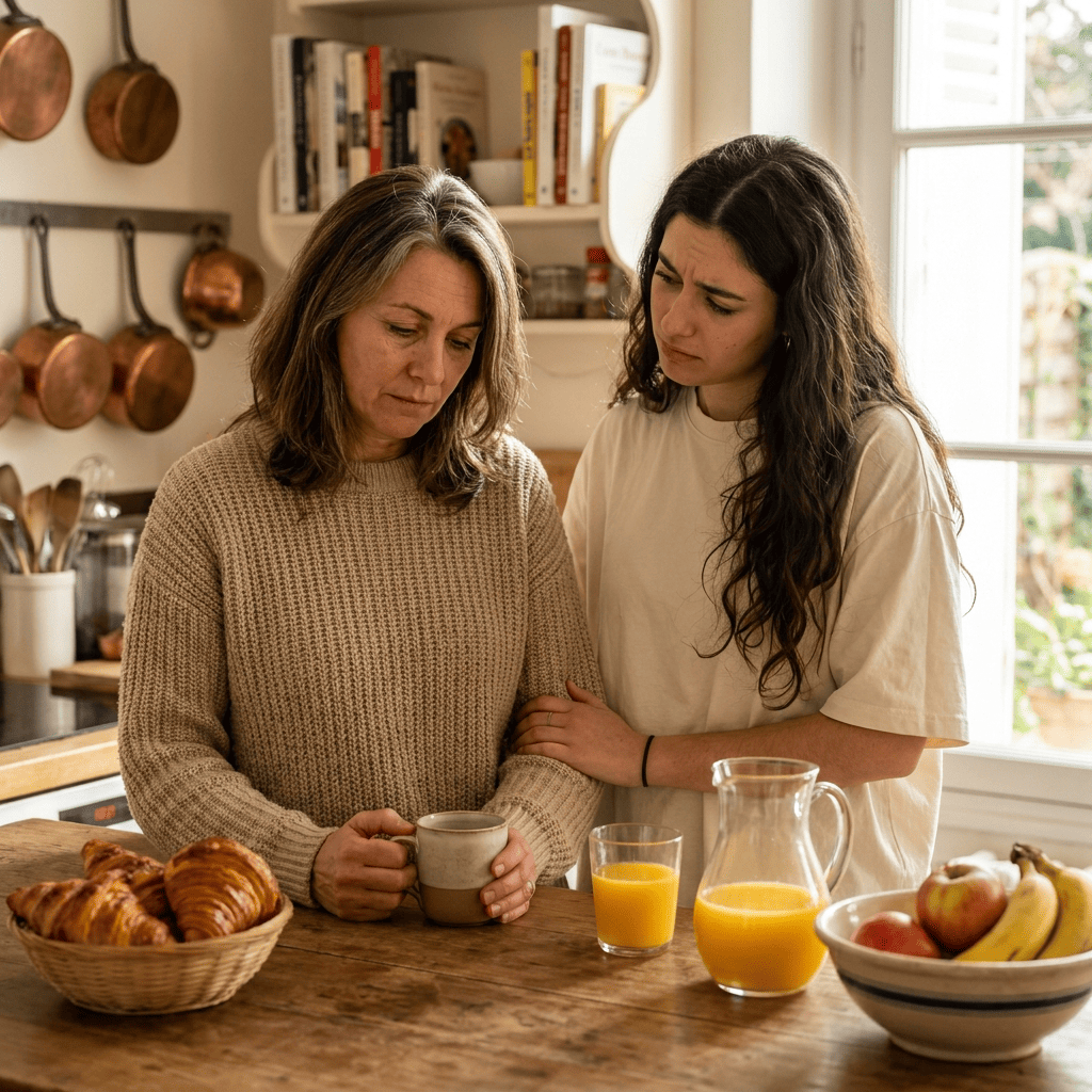 Mère et fille adulte au comptoir de la cuisine, ambiance brunch du week-end