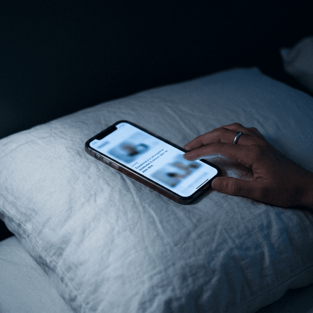 Téléphone éclairé dans le noir, posé sur un drap blanc, la nuit