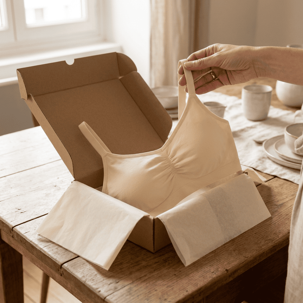 Brassière CURVILINES sortie d'un carton de livraison, posée sur une table en bois clair