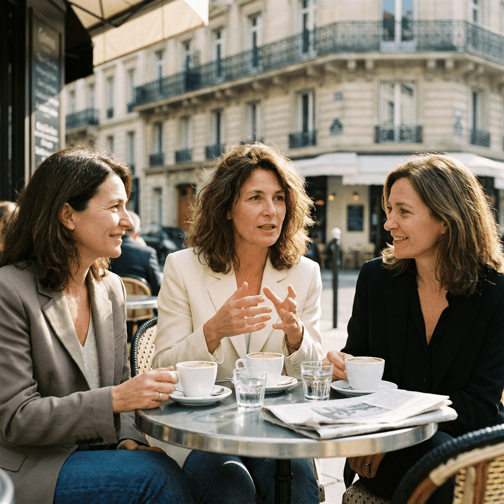Trois femmes attablées à la terrasse d'un café parisien, ambiance complice et lumière de fin de matinée