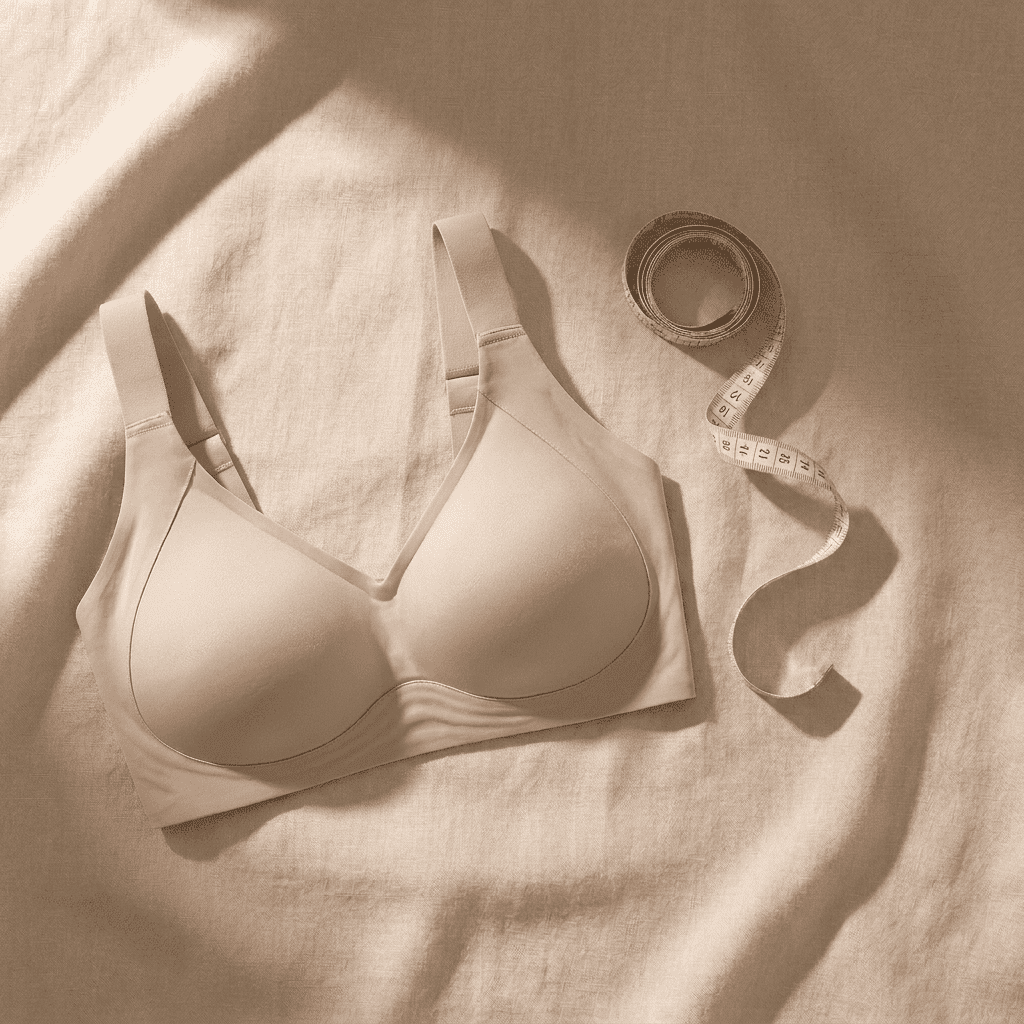 Mètre ruban posé à côté d'un soutien-gorge en tissu extensible