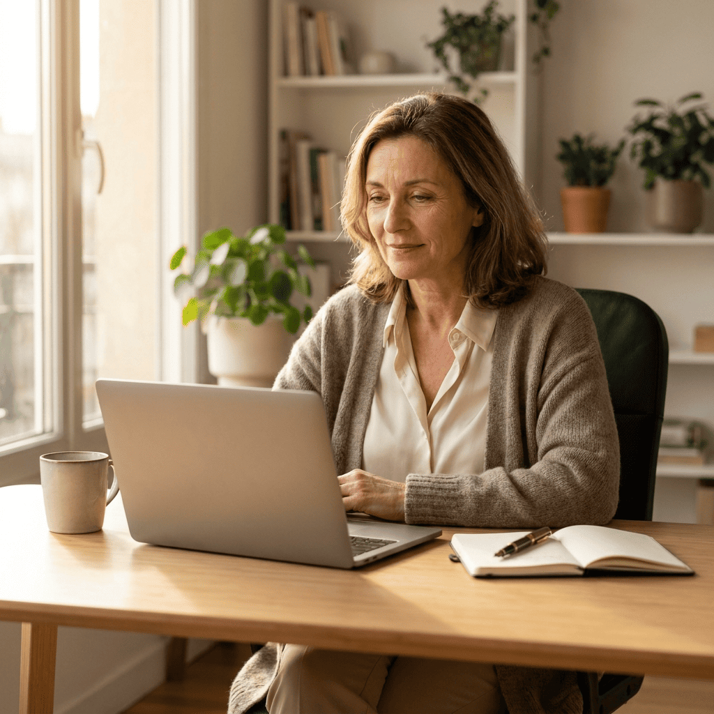Femme à son bureau, dans la lumière de l'après-midi, posture détendue