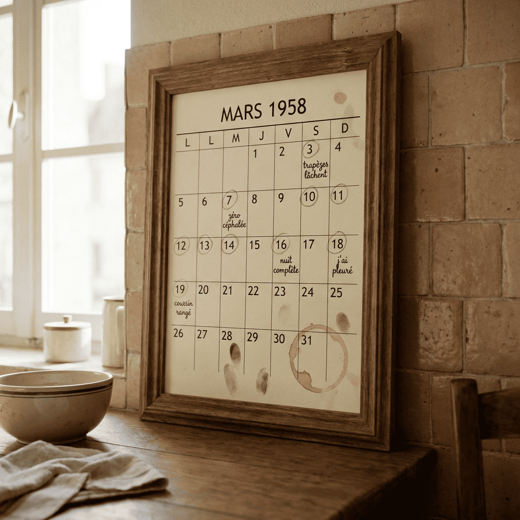 Calendrier mural avec quatorze jours encerclés au crayon, posé sur un mur de cuisine