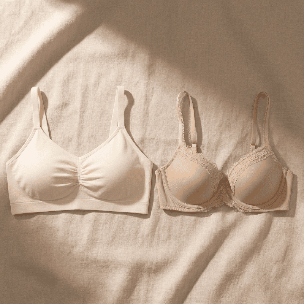 Brassière sans armatures CURVILINES posée à plat à côté d'un soutien-gorge à armatures classique pour comparaison