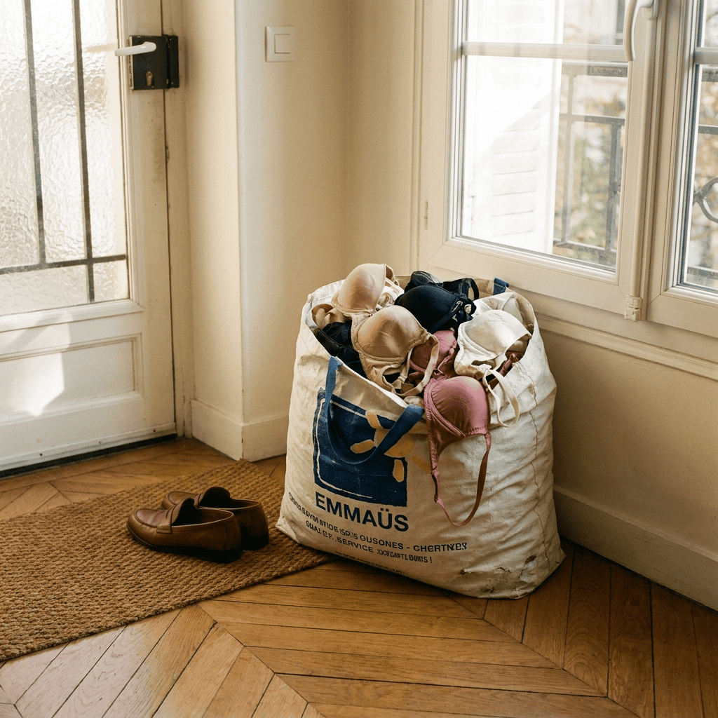 Sac Emmaüs rempli de soutiens-gorge, posé près de la porte d'entrée d'un appartement