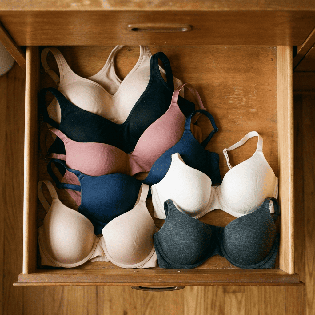 Tiroir de commode ouvert vu du dessus, contenant 8 à 10 soutiens-gorge pliés