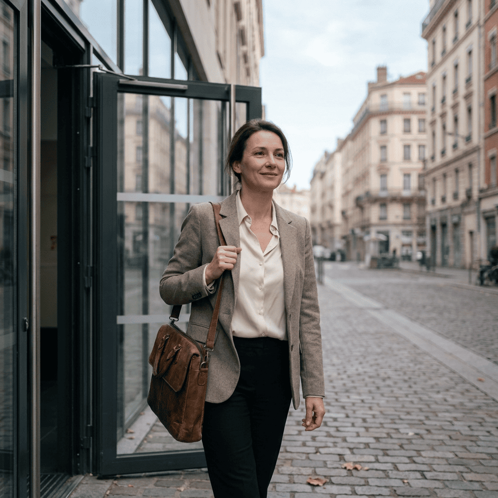 Femme souriante qui sort de chez elle avec sa sacoche en bandoulière, lumière de fin de matinée