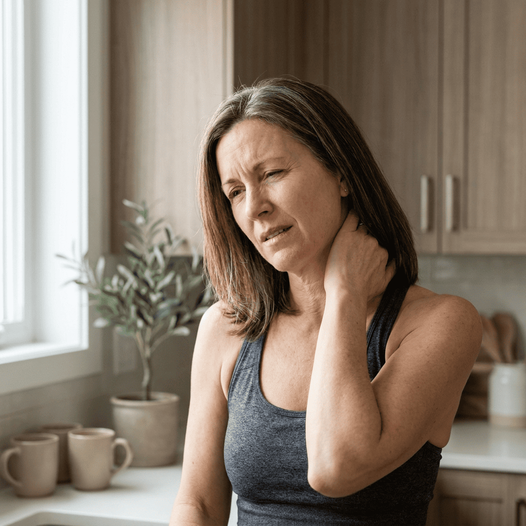 Femme de 48 ans en tenue de sport, qui tient sa nuque endolorie