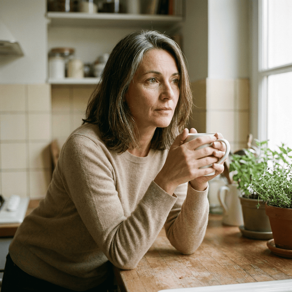 Femme de 46 ans, bonnet F, en pull beige, regard pensif au comptoir de sa cuisine