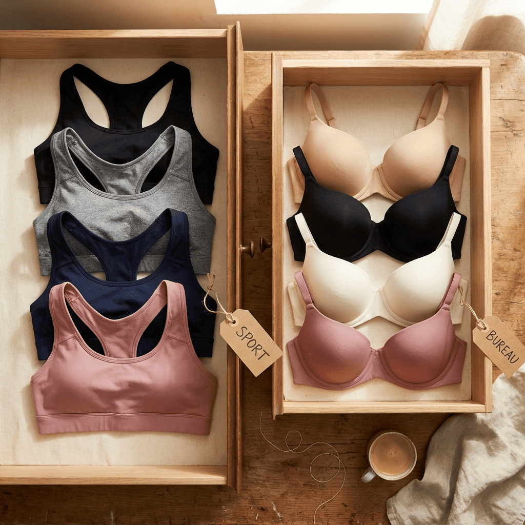 Deux tiroirs de commode ouverts, l'un avec des brassières de sport, l'autre avec des soutiens-gorge à armatures