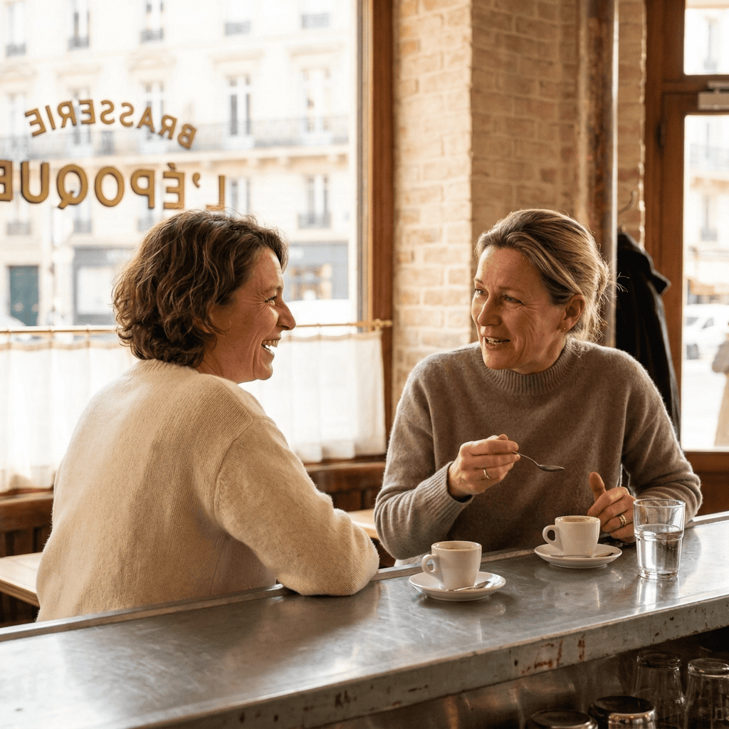 Deux amies du même âge, assises au comptoir d'un café parisien, complicité visible