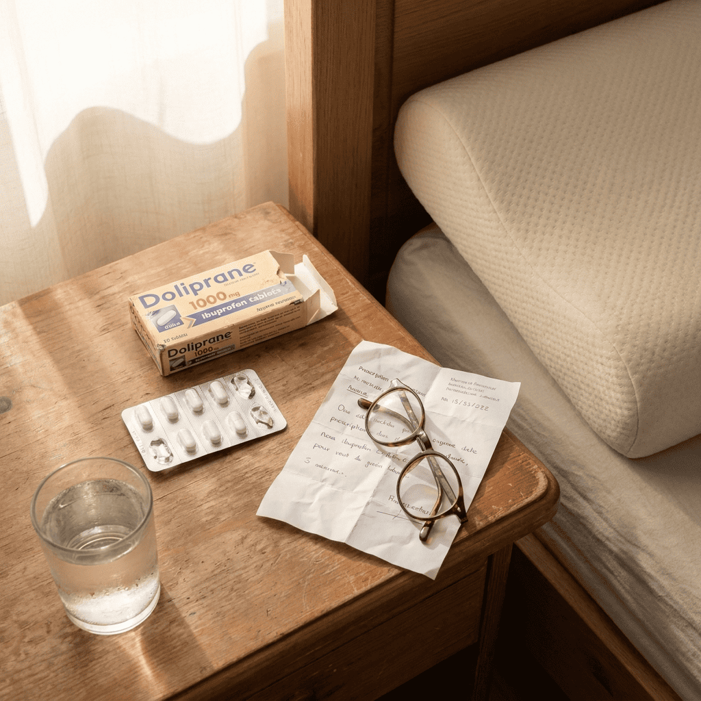 Boîte de Doliprane et oreiller cervical posés sur une table de chevet