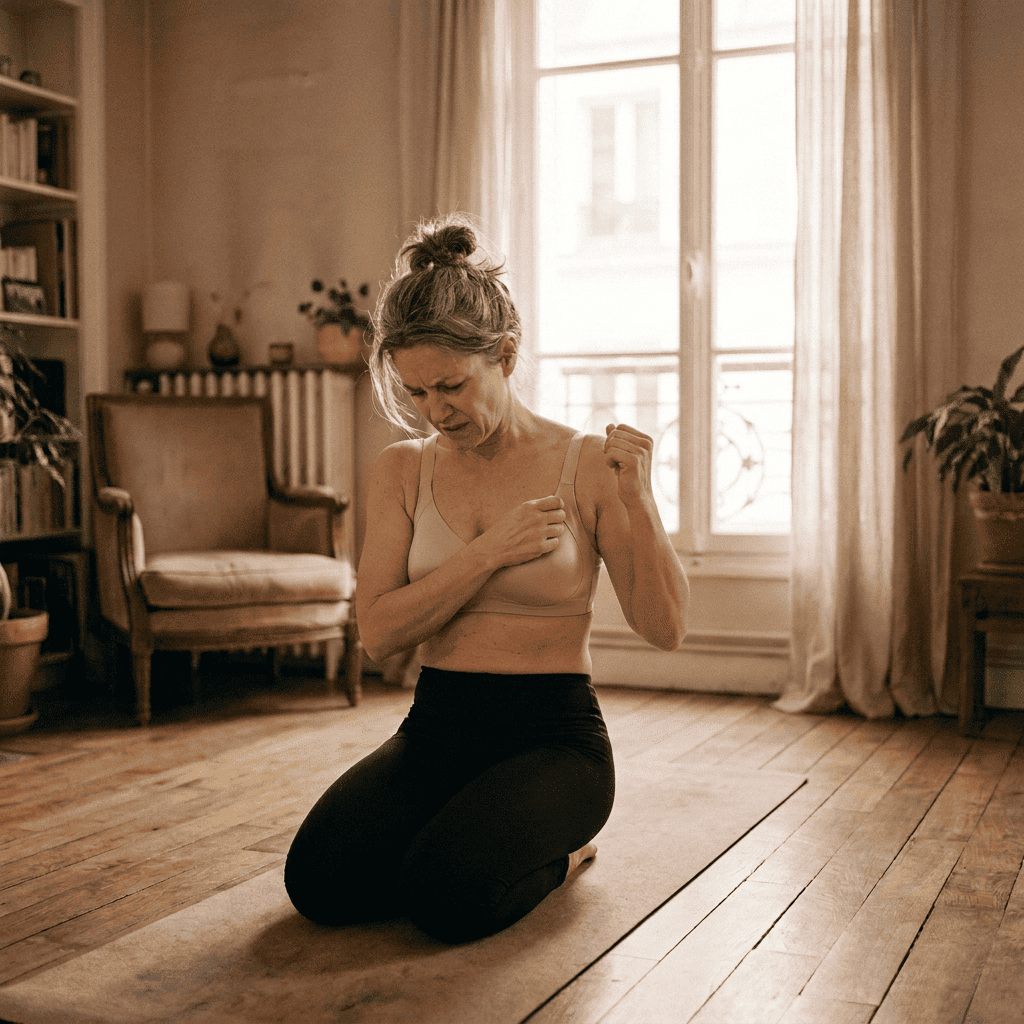 Femme de plus de 45 ans pratiquant une posture de yoga, en intérieur