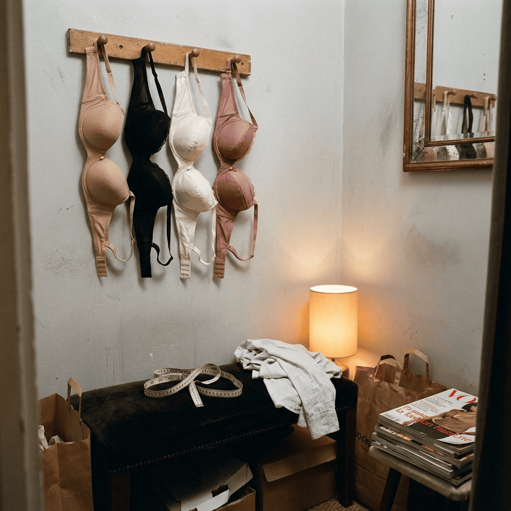 Cabine d'essayage en boutique de lingerie, soutiens-gorge à armatures suspendus à un cintre