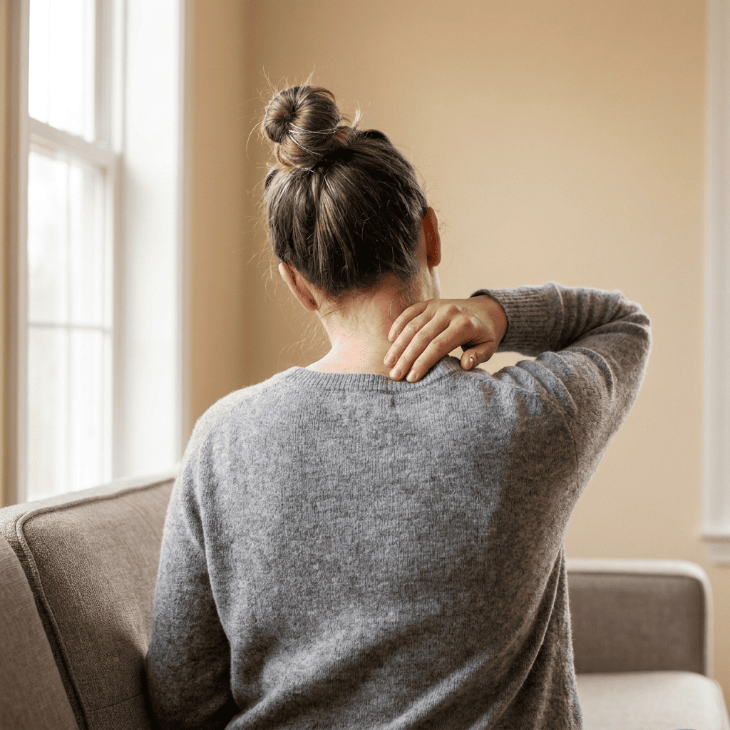 Femme assise, vue de dos, qui se masse la base de la nuque