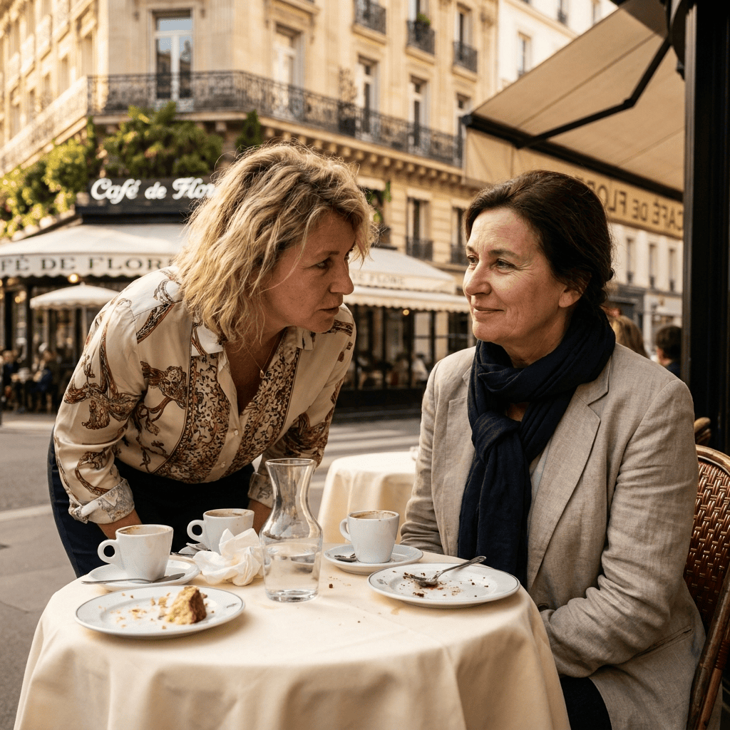 Deux femmes en train de déjeuner sur la terrasse d'un café, lumière chaude, ambiance détendue