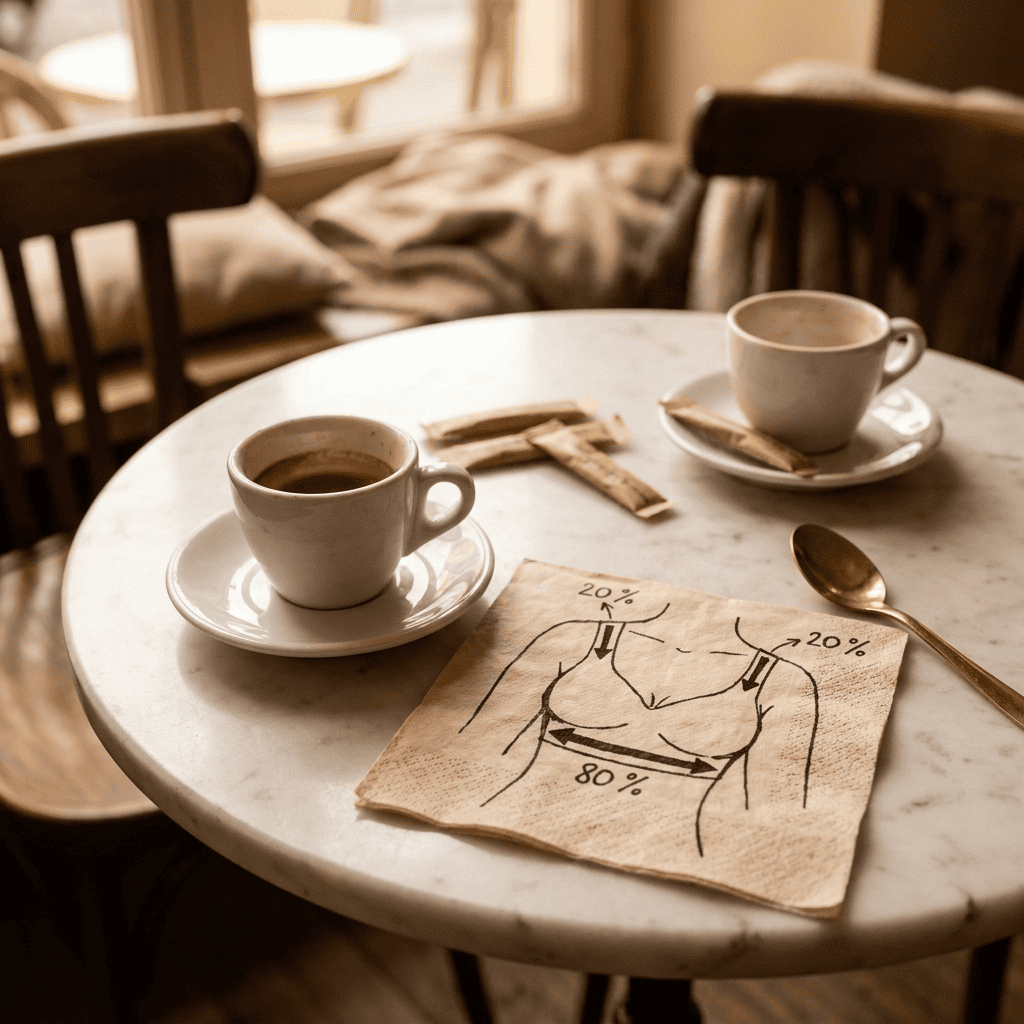 Deux tasses de café posées sur une table en bois, une serviette en papier griffonnée d'un schéma rapide