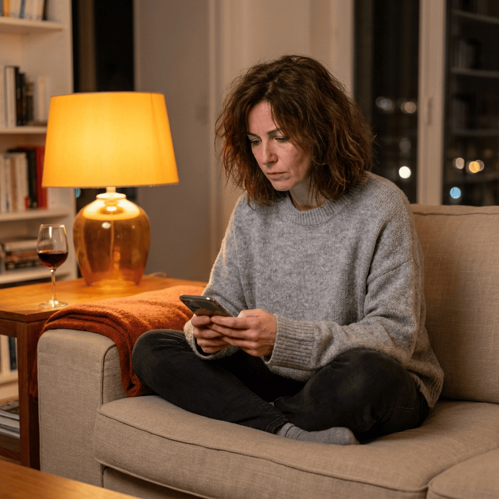 Femme de 44 ans assise sur son canapé le soir, téléphone en main, en train de chercher sur Internet