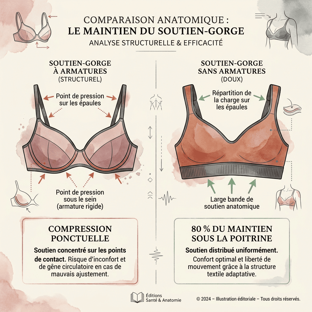Schéma comparatif : à gauche un soutien-gorge à armatures, à droite une brassière sans armatures à bretelles larges