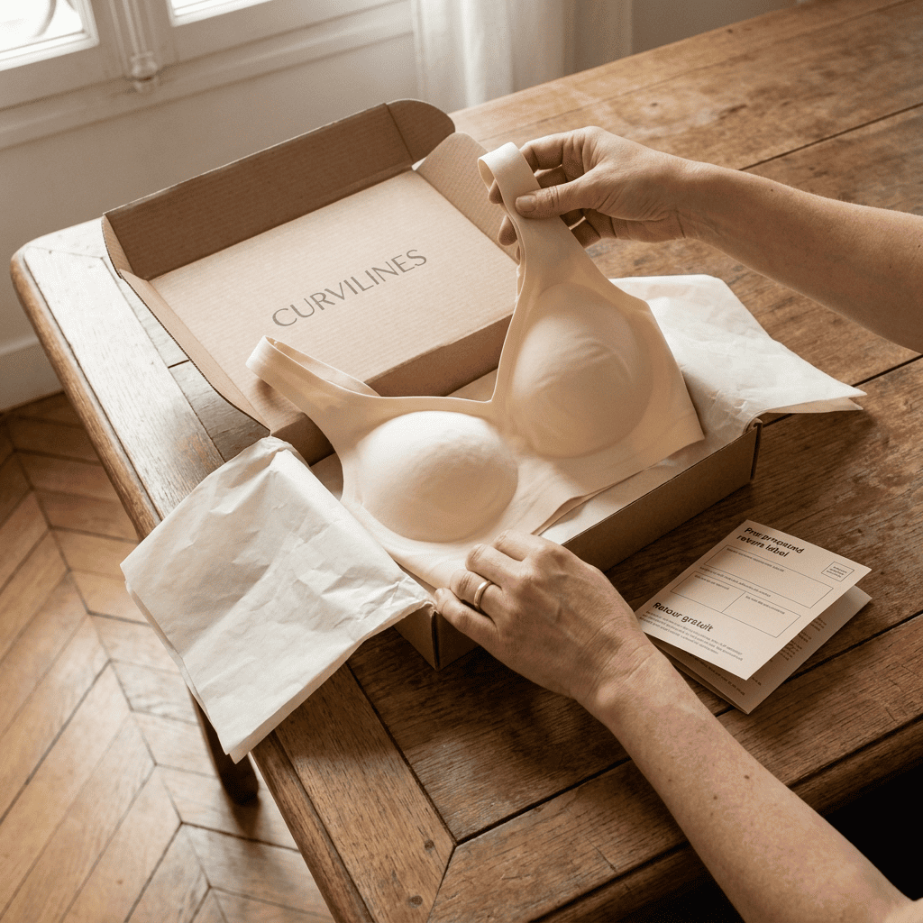 Brassière CURVILINES sortie d'un carton de livraison, avec une étiquette de retour visible à côté