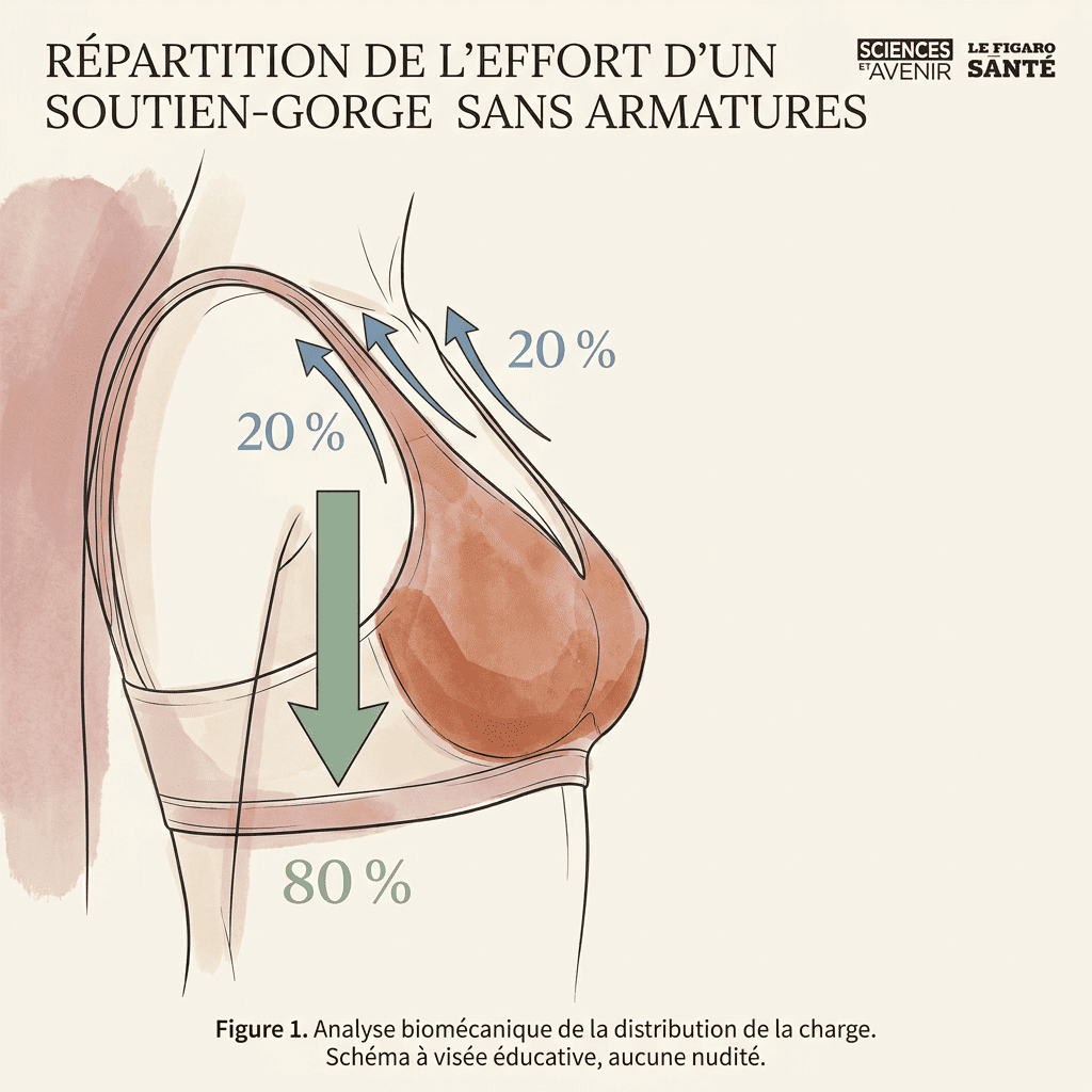 Schéma anatomique éditorial montrant la répartition du poids d'une poitrine forte sur la bande inférieure (80 %) et les bretelles (20 %)