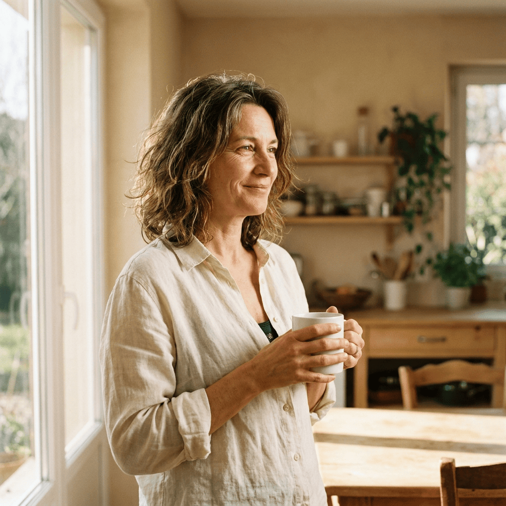 Femme calme et détendue dans sa cuisine, le matin, sans douleur visible