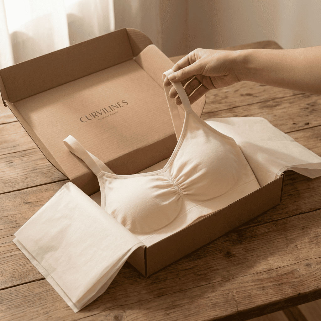 Carton de livraison ouvert sur une table, brassière sans armatures pliée à l'intérieur