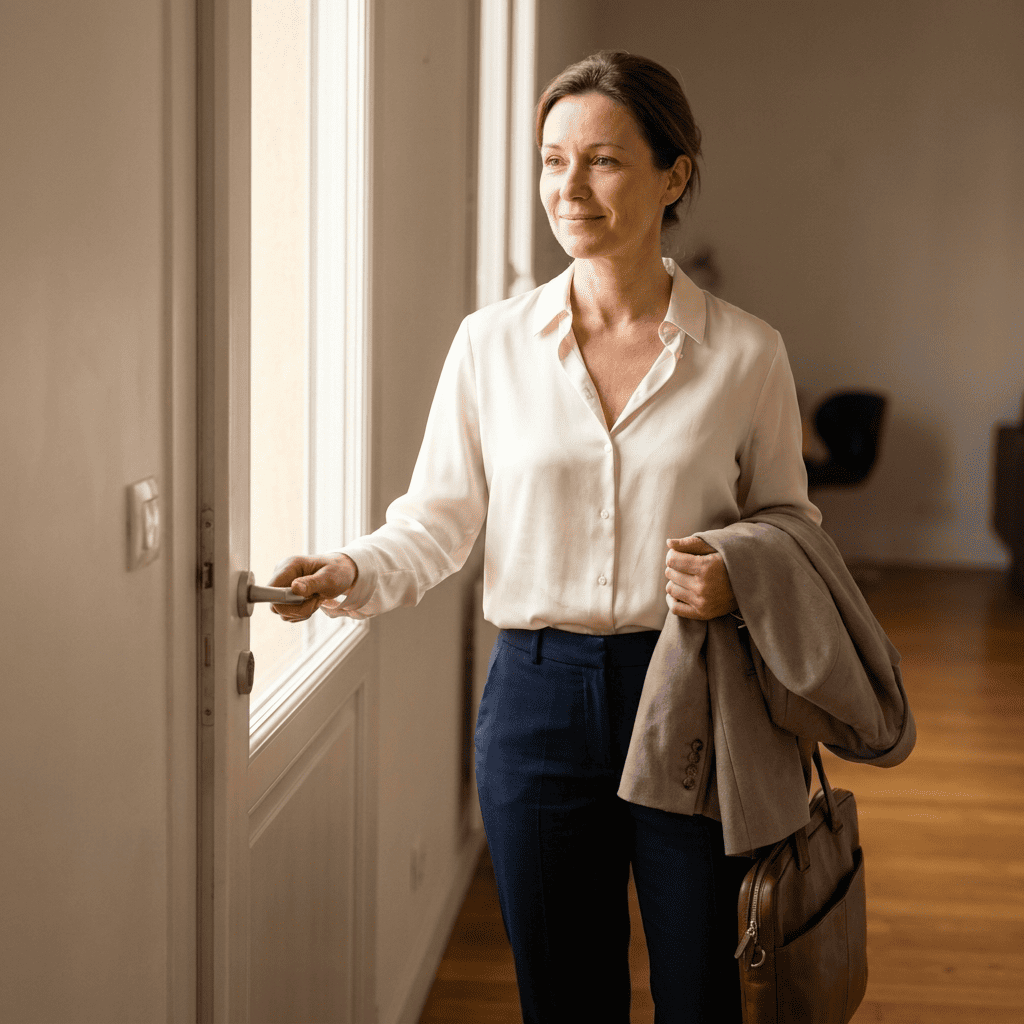 Femme prête à partir au bureau, sac en main, devant la porte d'entrée, lumière douce du matin