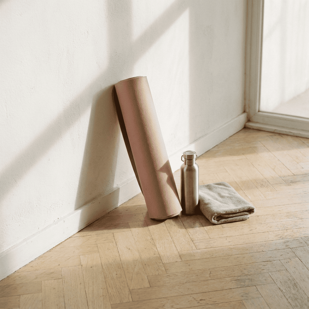 Tapis de yoga roulé posé contre un mur, lumière du matin filtrée par une fenêtre