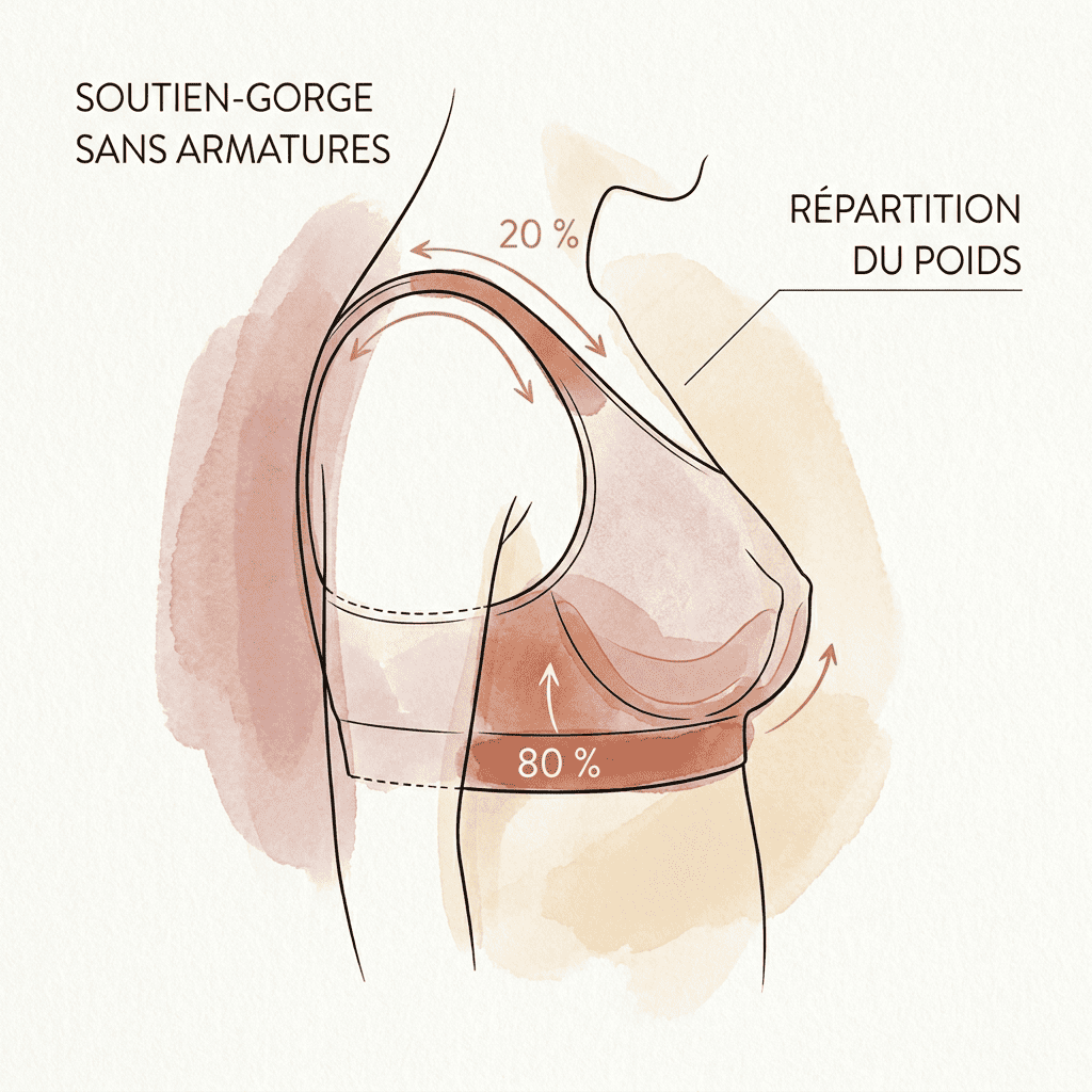 Schéma anatomique de la répartition du poids d'une poitrine forte sur une bande inférieure
