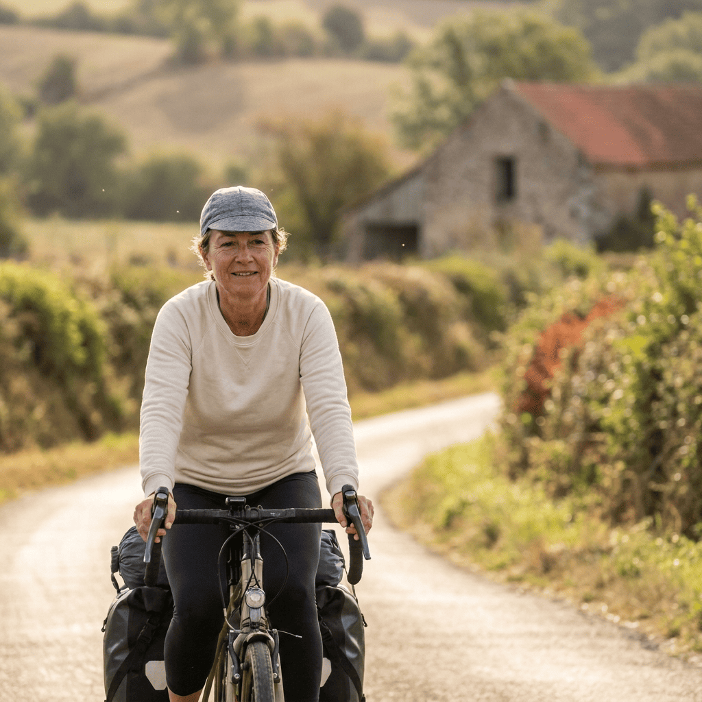 Femme de 53 ans à vélo dans la campagne française, lumière dorée du dimanche matin, posture libre
