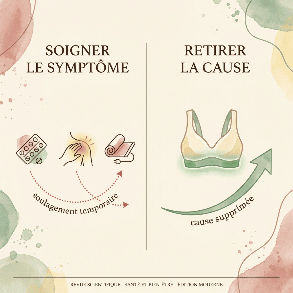 Comparaison schématique entre soigner un symptôme et retirer une cause, illustration éditoriale