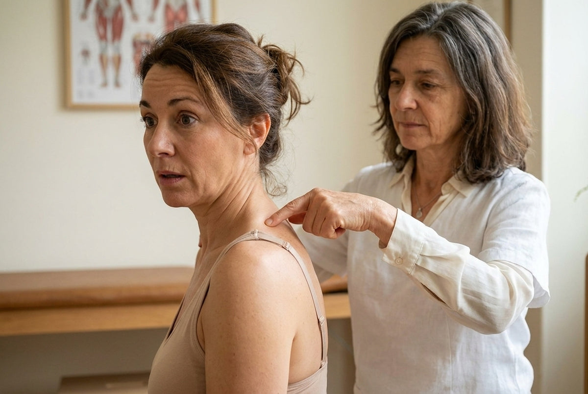 Le geste du doigt sous la bretelle, en consultation